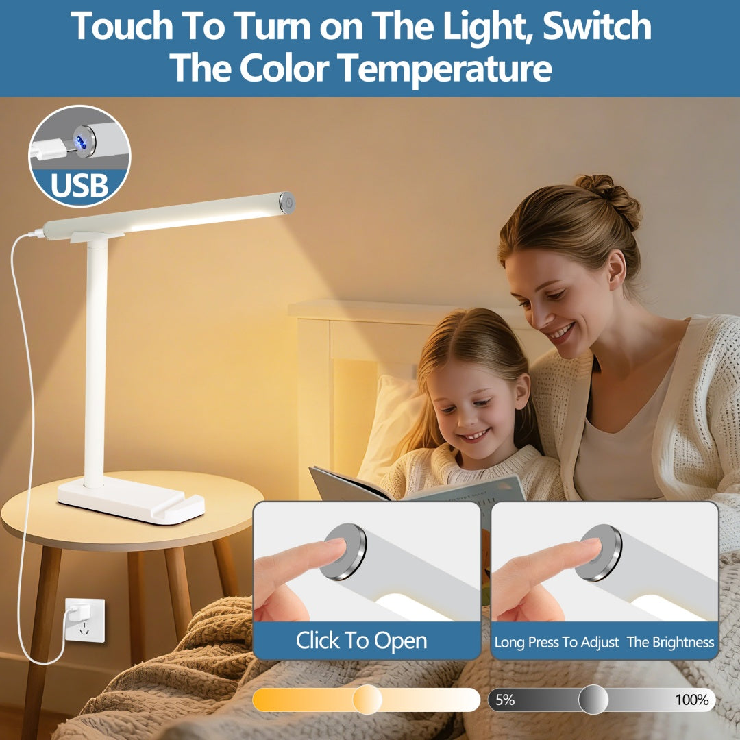 Adjustable LED Desk Lamp with USB Charging Port & Dimmable Brightness