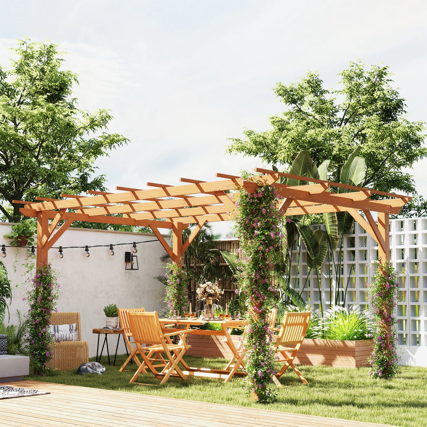 10' x 13' Wood Pergola - Outdoor Garden Gazebo for Climbing Plants - Dark Brown