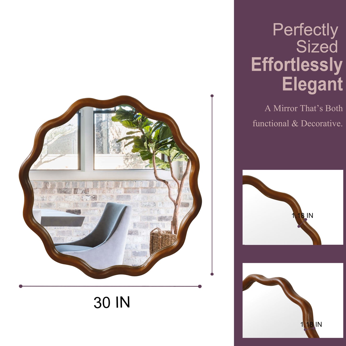30-Inch Wavy Round Solid Wood Frame Decorative Mirror - Black & Dark Walnut