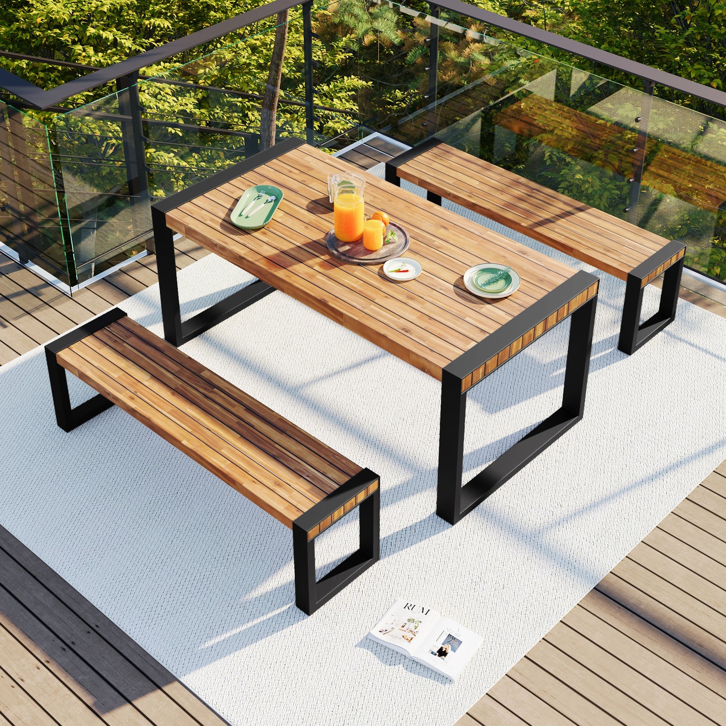 GO 3-pieces Outdoor Dining Table With 2 Benches, Patio Set Unique Top