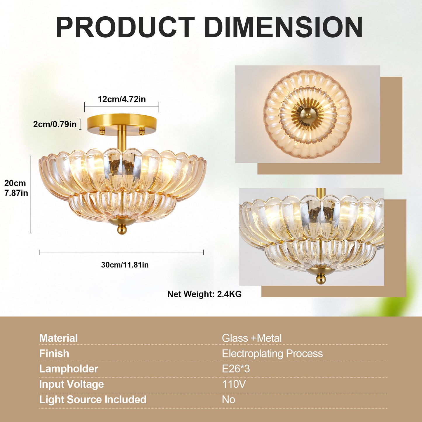 11.8 Inch Semi Flush Mount Ceiling Light with Flower Glass - Vintage Indoor Fixture
