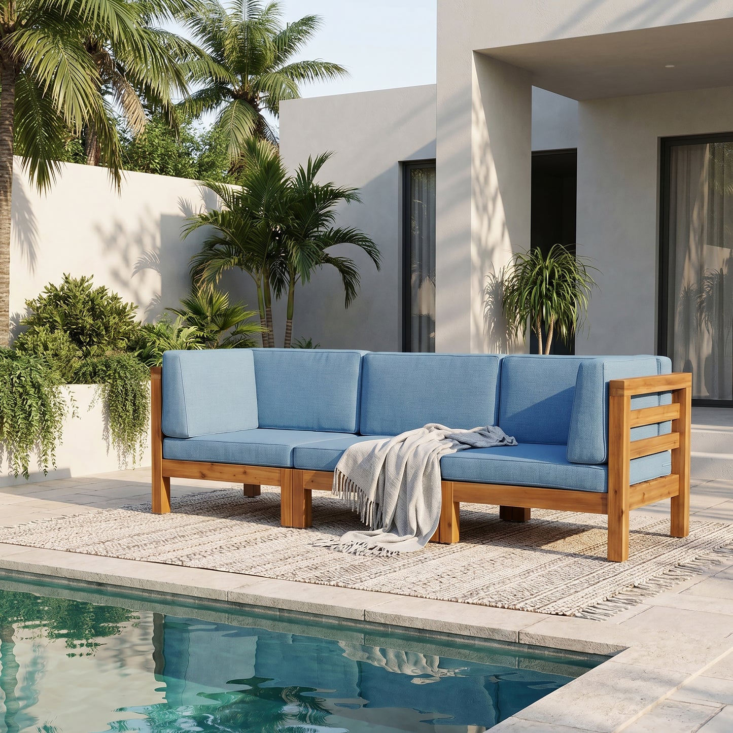 Oana Outdoor 3-Piece Sofa Set - Blue Acacia Wood Sectional