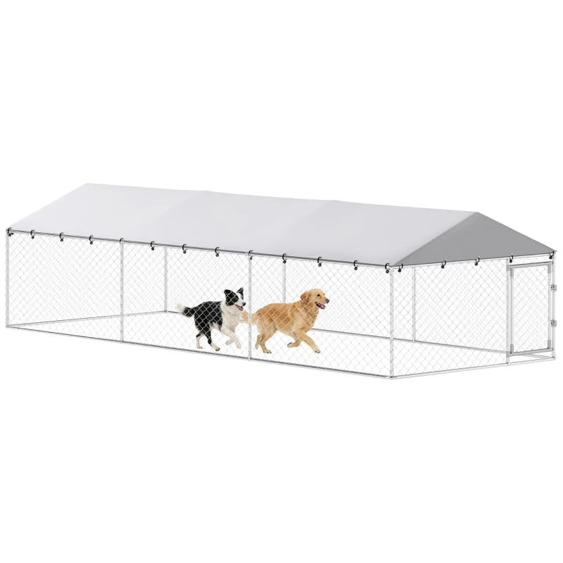 Large Outdoor Dog Kennel with Waterproof Roof, Galvanized Steel Frame, Silver