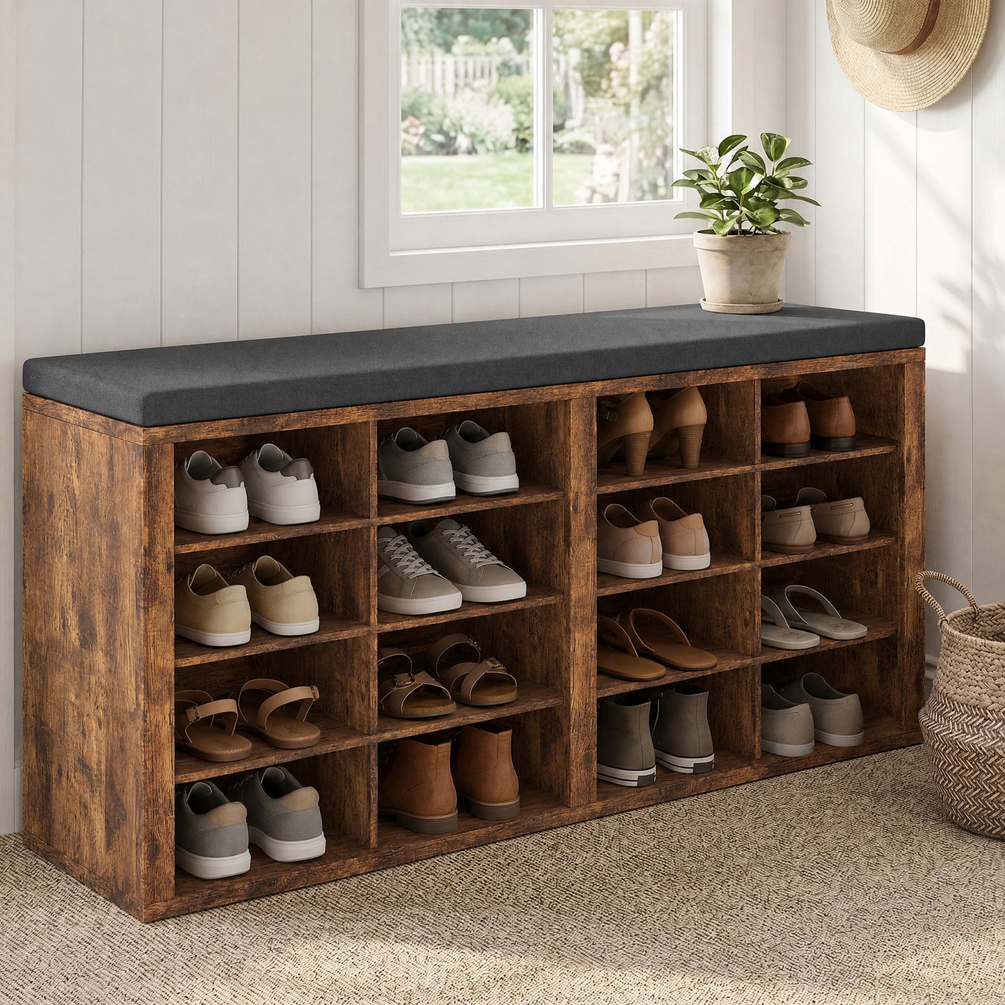 Shoe Storage Bench With Cushion 16 Cubby Rack Multifunctional