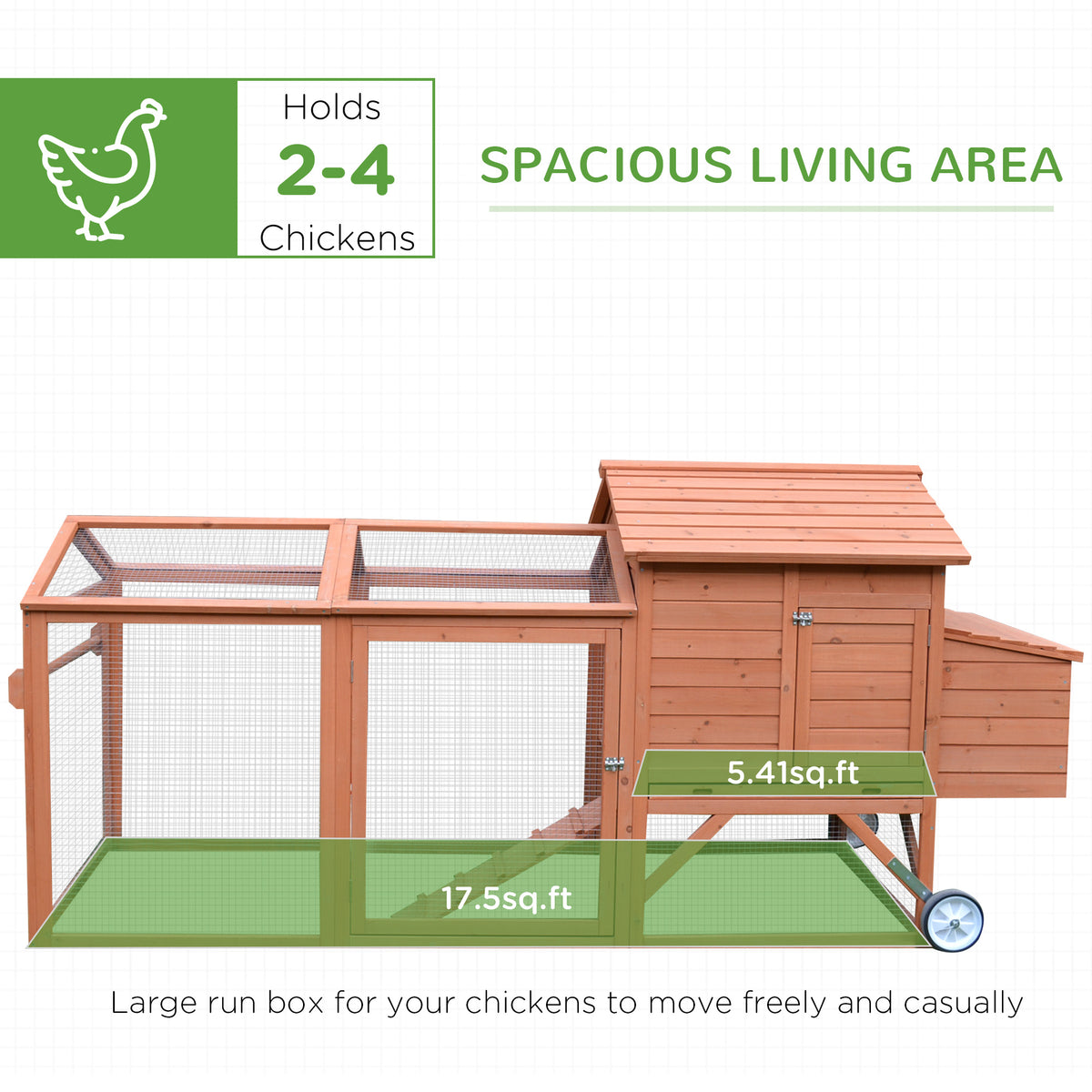 Wooden Chicken Coop with Nesting Box and Wheels - Outdoor Poultry Cage, 96.5 Inches