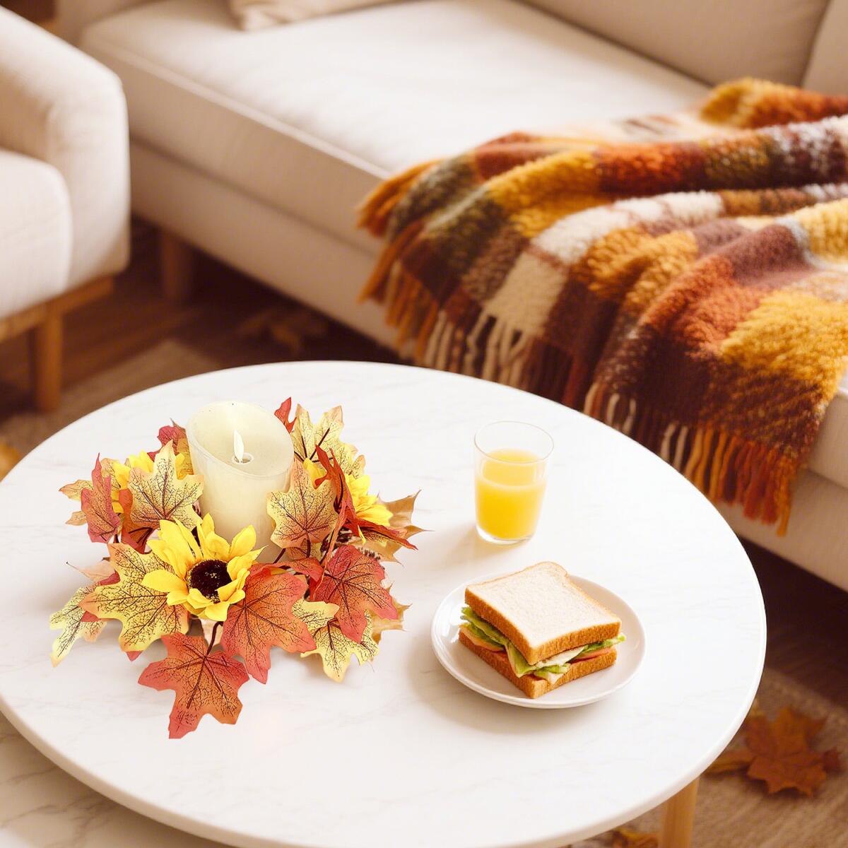 Fall Candle Rings - 2 Pcs Decorative Wreaths with Maple Leaves & Berries
