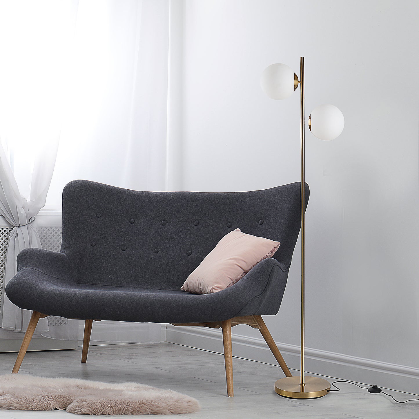 Modern Gold Floor Lamp with 2 Glass Shades - Adjustable Indoor Lighting