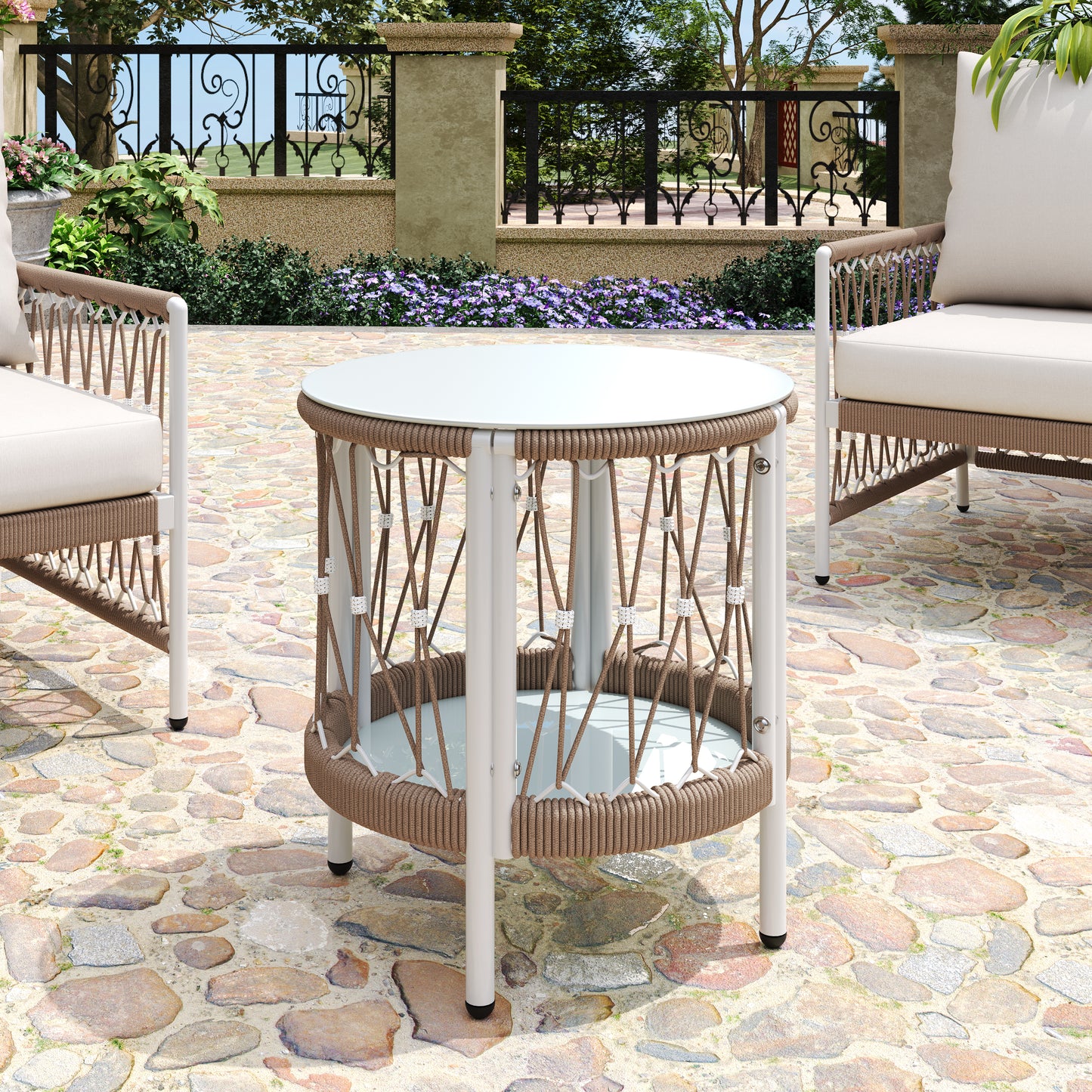 17.32 Bohemian Garden Accent Outdoor Side Table - Handwoven Rope With