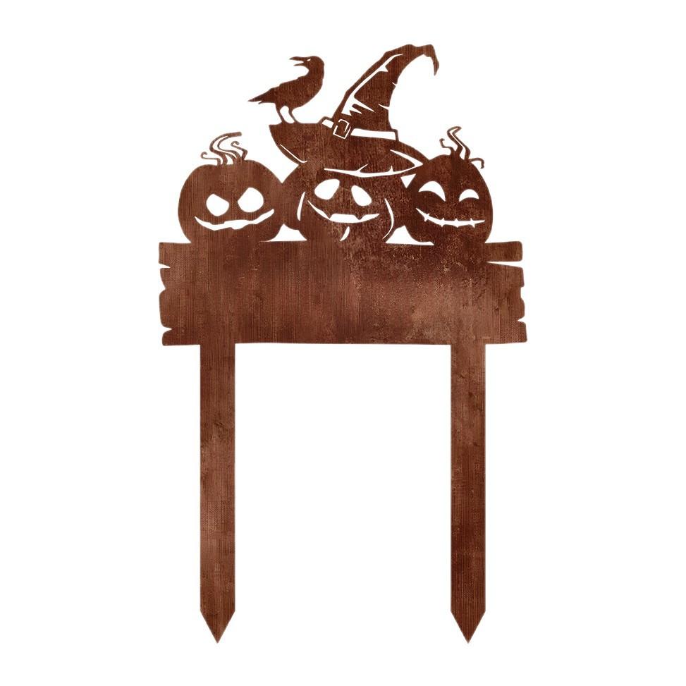 Rusted Metal Pumpkin Yard Sign with Ground Stake for Halloween Decor