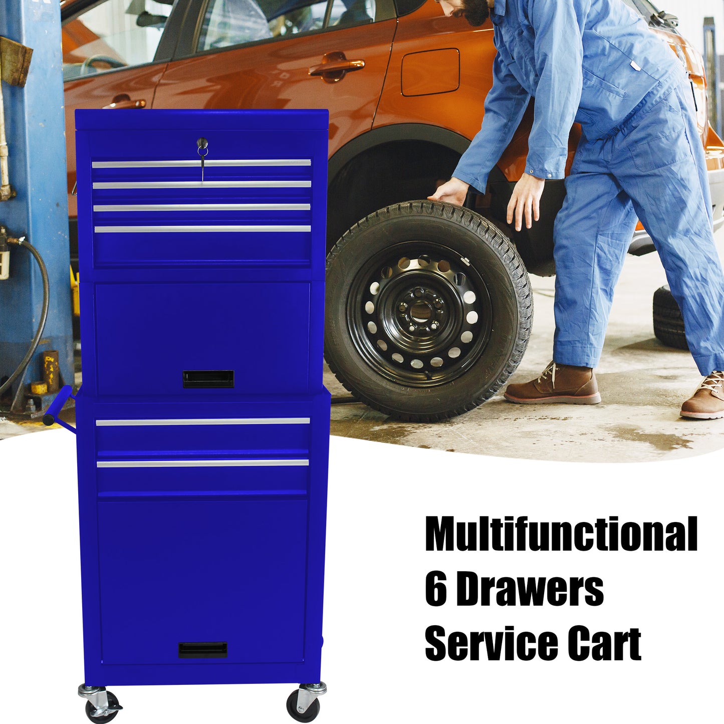 High Capacity Rolling Metal Tool Storage Cabinet with 6 Drawers - Blue