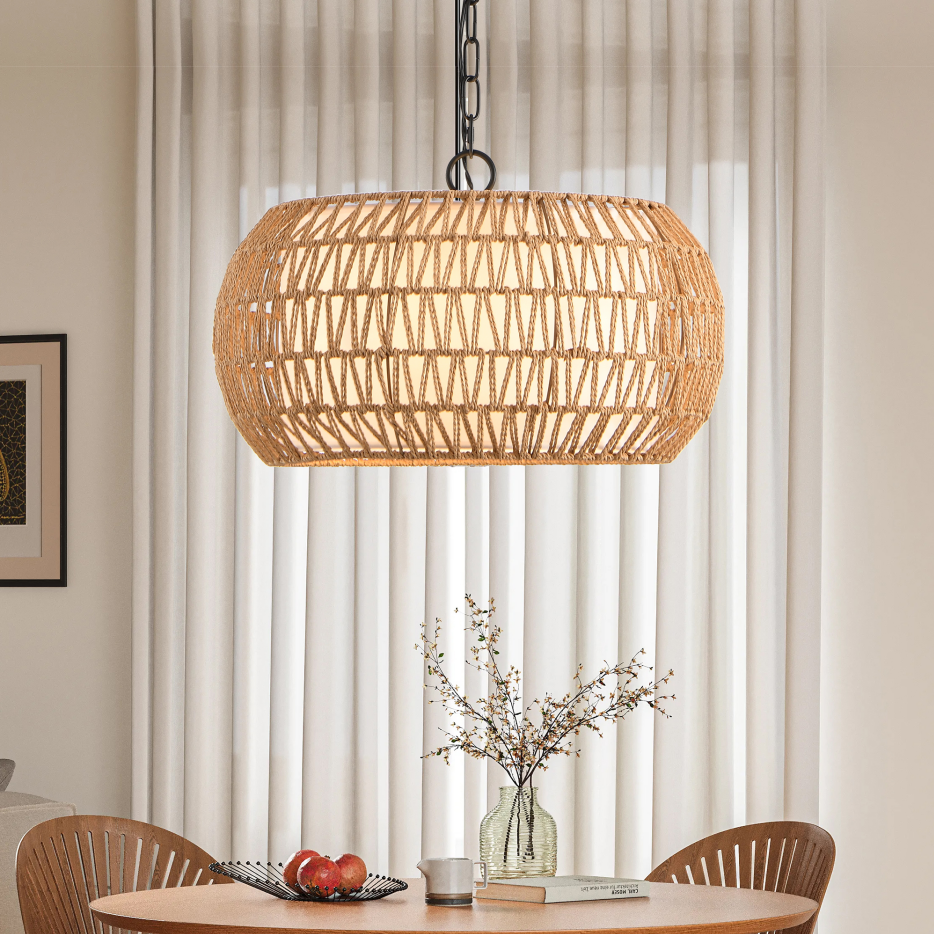 18-Inch Farmhouse Pendant Light with Adjustable Height - Boho Woven Jute Rope Ceiling Fixture, E26 Base