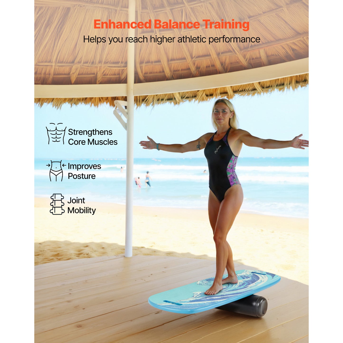 Balance Board for Core Workout & Physical Therapy - Wooden Wobble Trainer with Roller & Storage Rack
