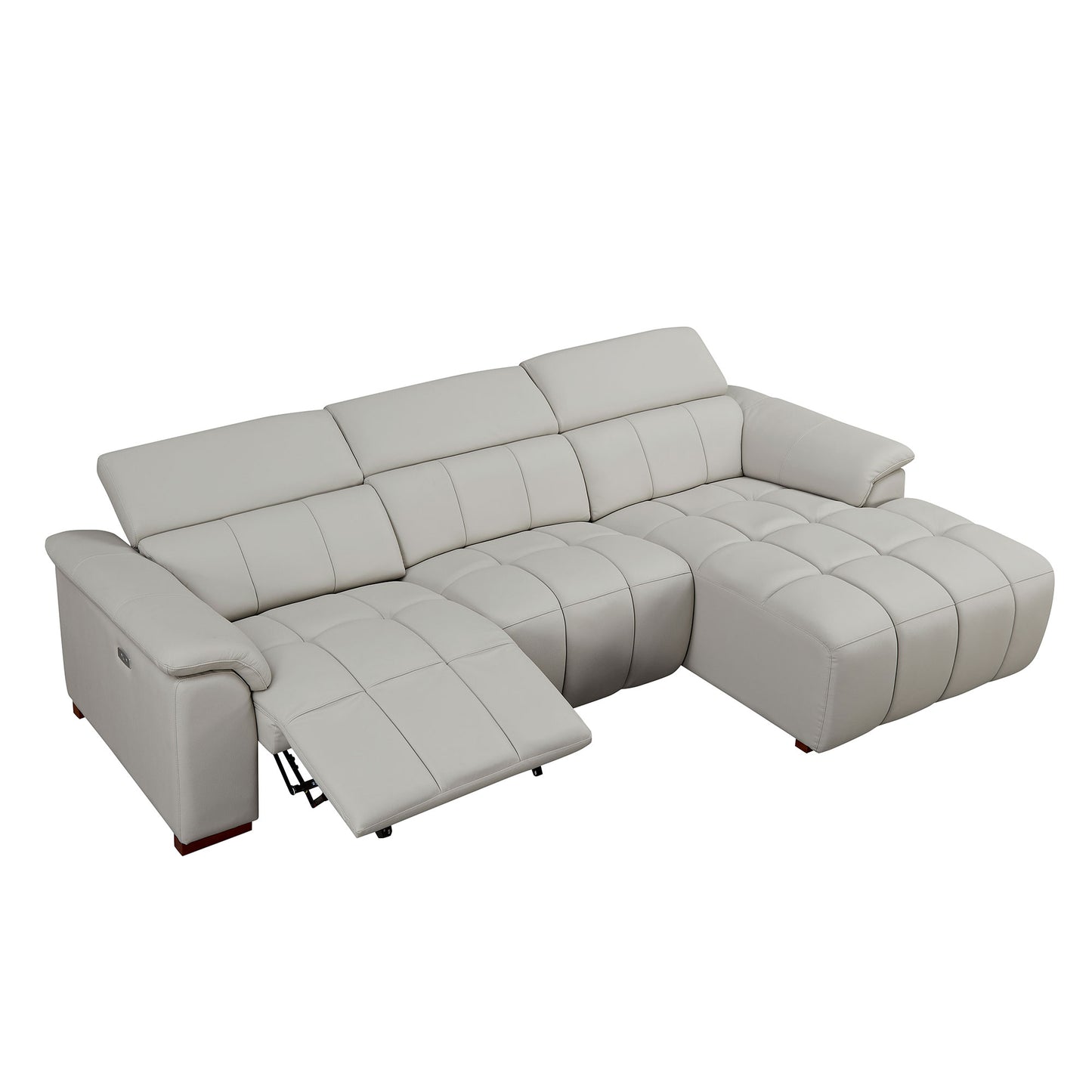 Electric Reclining Sofa - Modern L-Shaped Genuine Leather Couch with USB Port - Light Grey