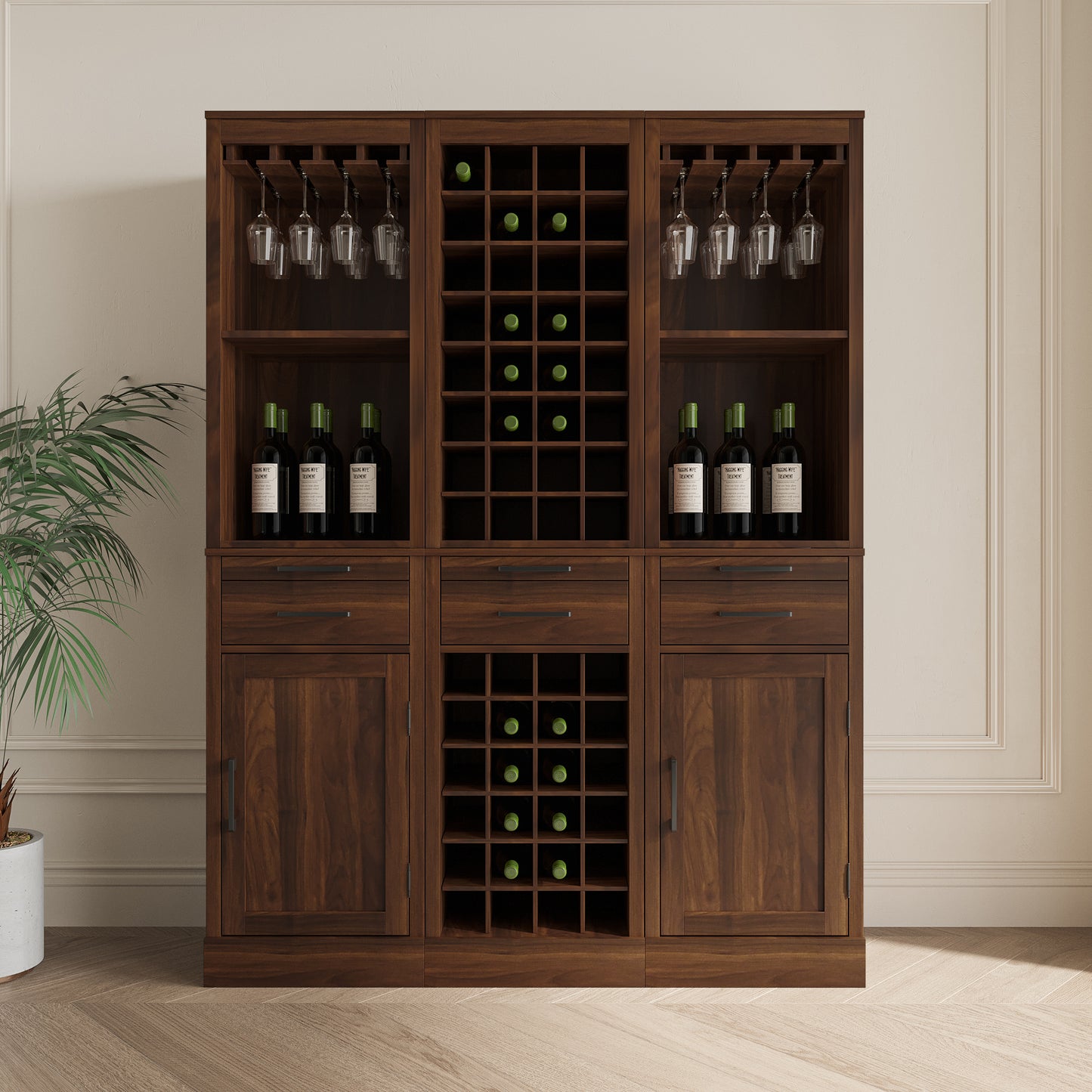 Modular Wine Bar Cabinet with Hutch - Walnut Brown