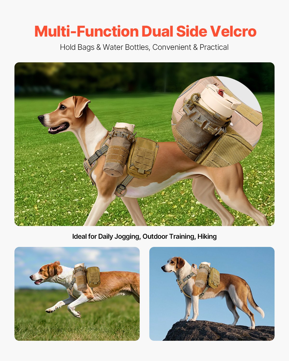 No Pull Tactical Dog Harness for Large Dogs - Adjustable Khaki Vest
