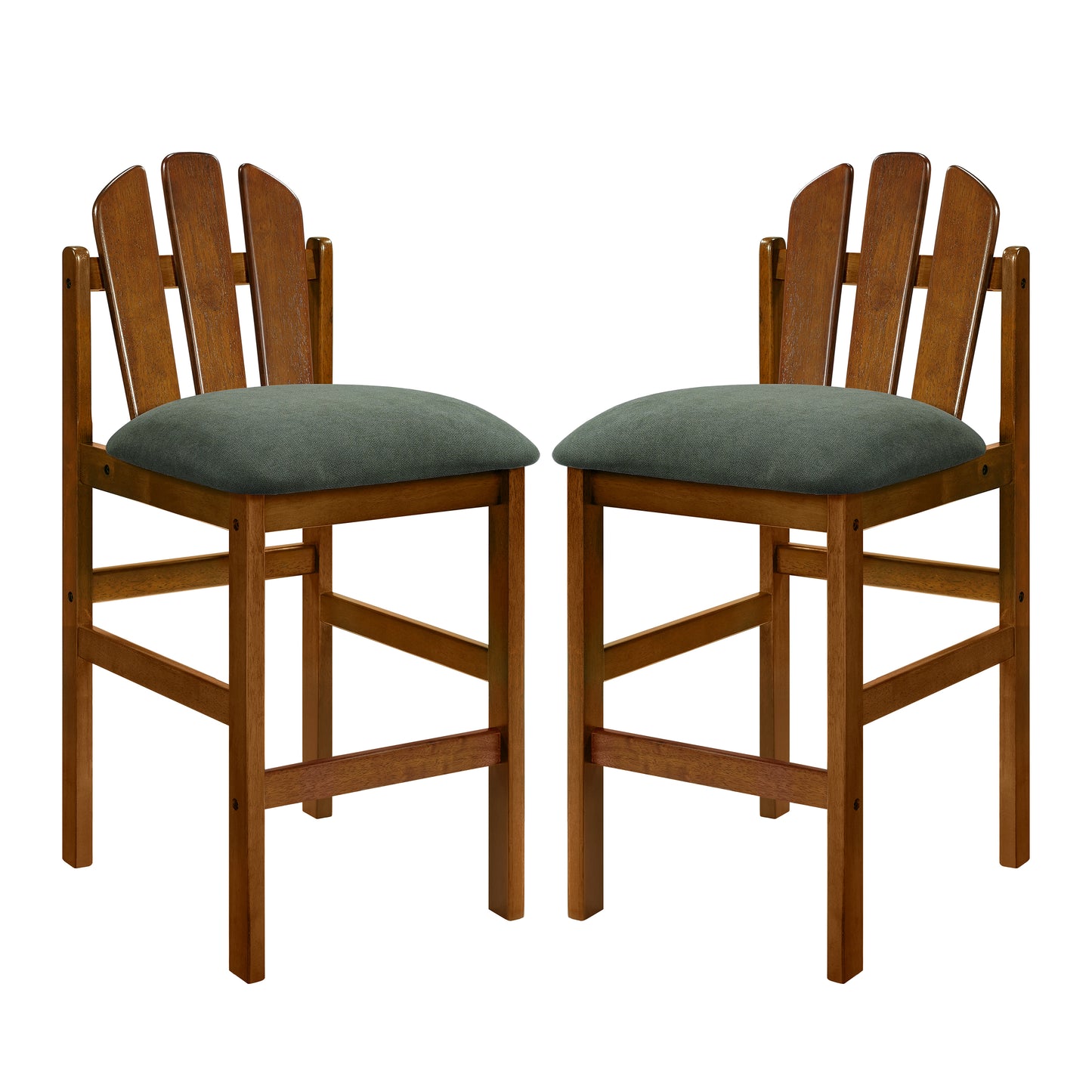 Mid-Century Rubber Wood Upholstered Counter Stools - Set of 2, Green