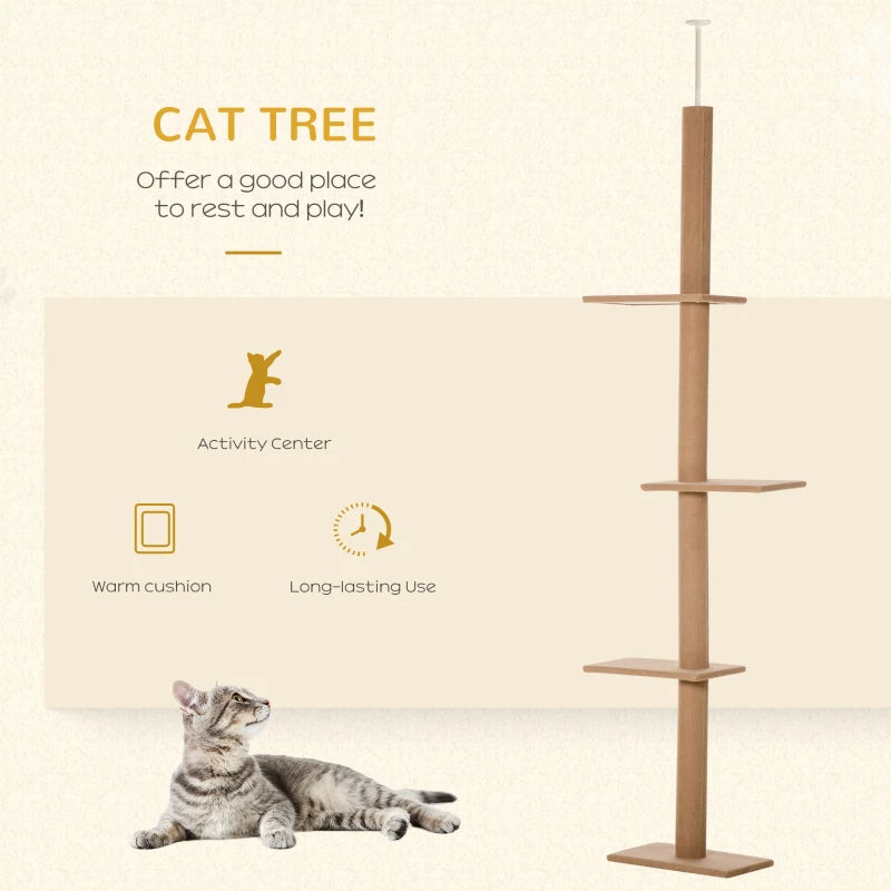 Adjustable Floor-to-Ceiling Cat Tree Tower - 8.5 Feet Tall with Scratching Posts, Soft Carpet, Brown