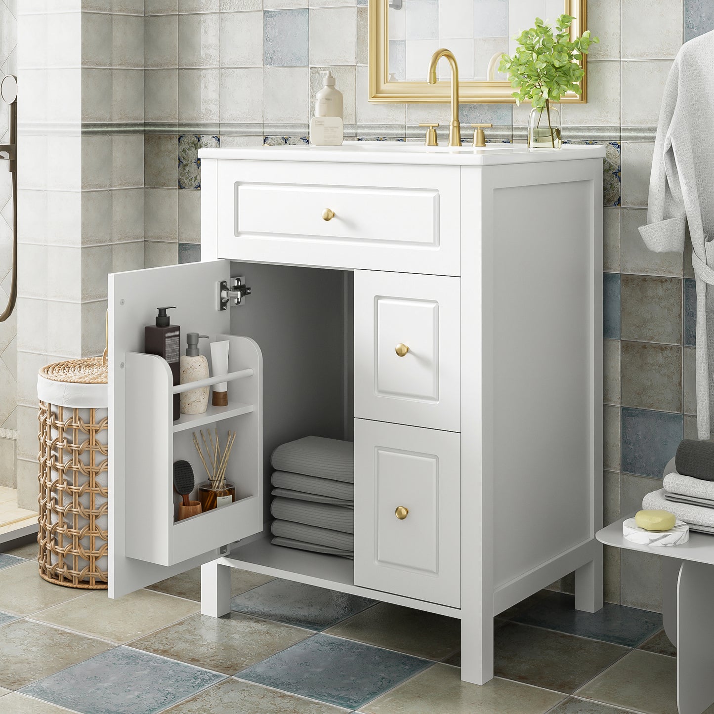 24-Inch Bathroom Vanity with Ceramic Sink and Storage Racks - White