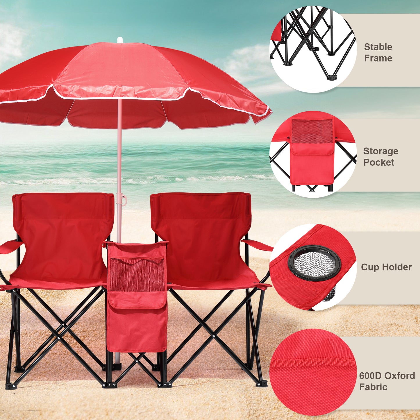 Folding Double Camping Chair with Removable Umbrella & Cup Holders - Red