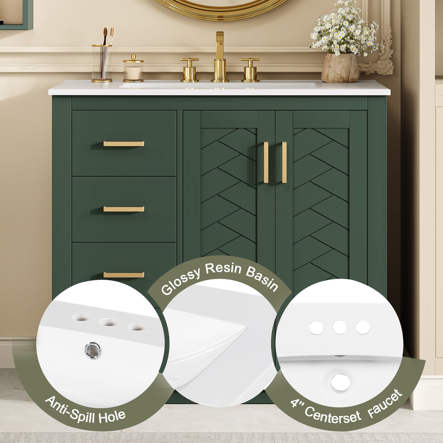 36-Inch Green Bathroom Vanity with Ceramic Sink & Storage Cabinet