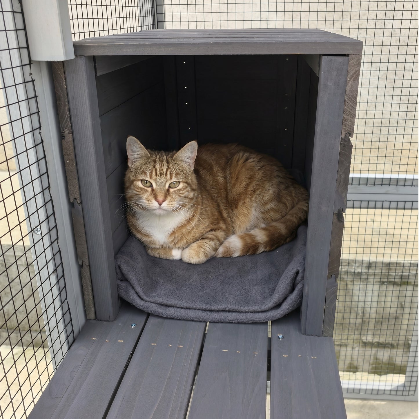 Large Wooden Cat Enclosure with Waterproof Cover, Napping Houses & Platforms - 62.6 Inches