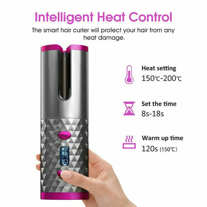 Cordless Auto-Rotating Hair Curler - Ceramic Wireless Curling Iron - Black