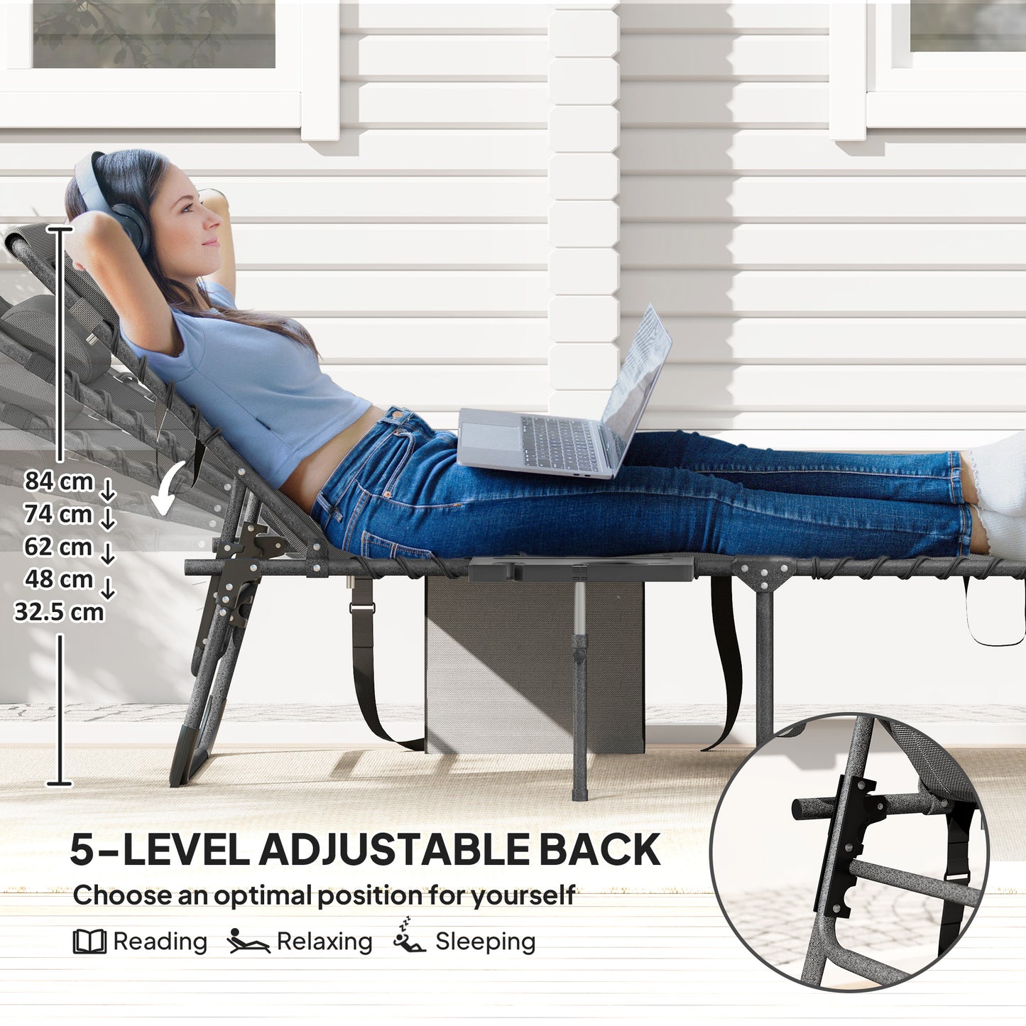 Folding Outdoor Chaise Lounge Chair with Side Table & Pillow - Gray