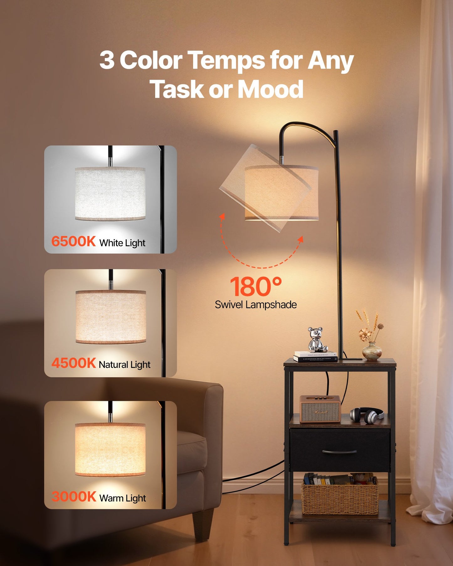 Floor Lamp with 3-Tier End Table, USB & Charging Ports, Modern Nightstand - Black