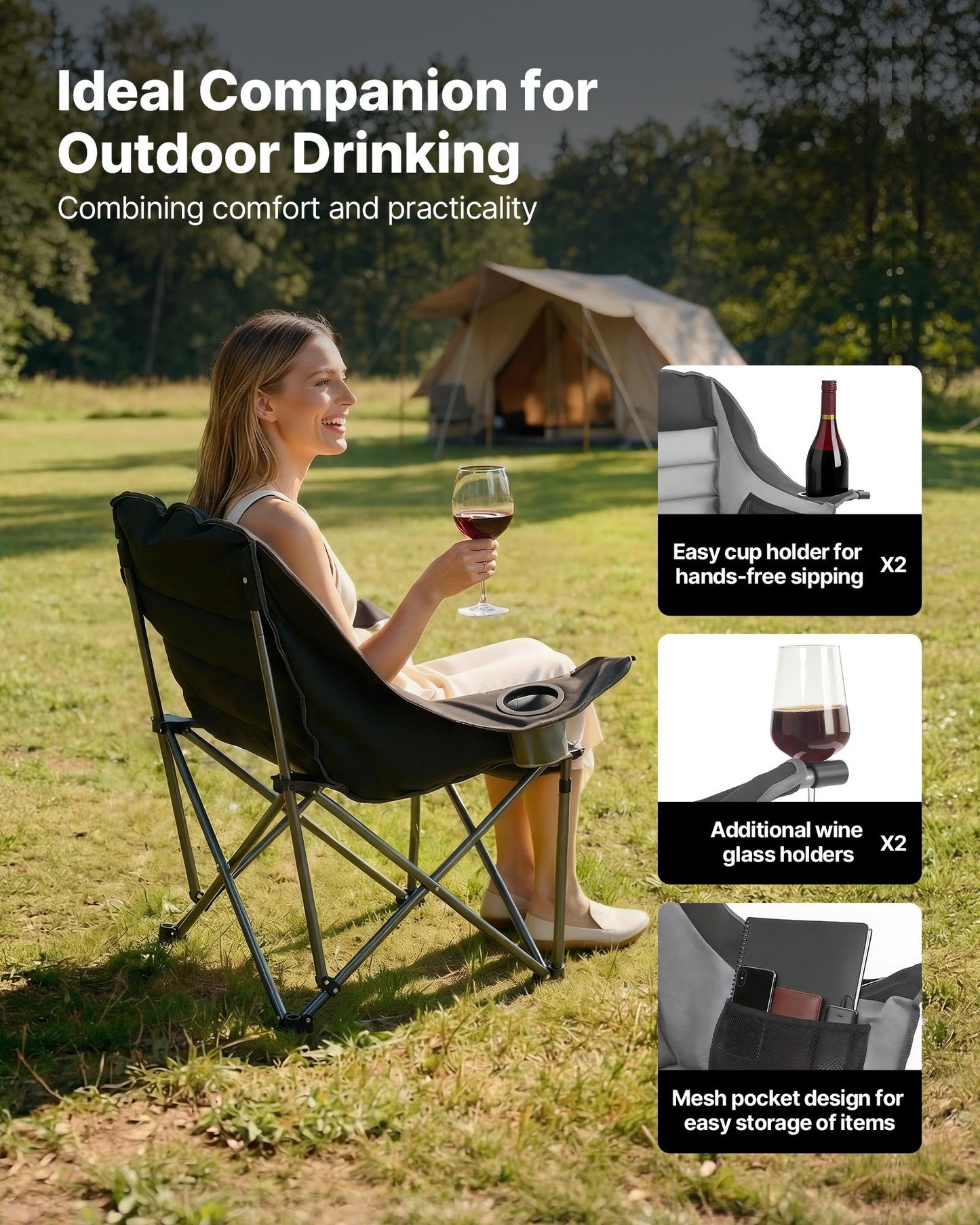 Heavy Duty Folding Camping Chair Support 450 lbs with Cup & Wine Glass Holders