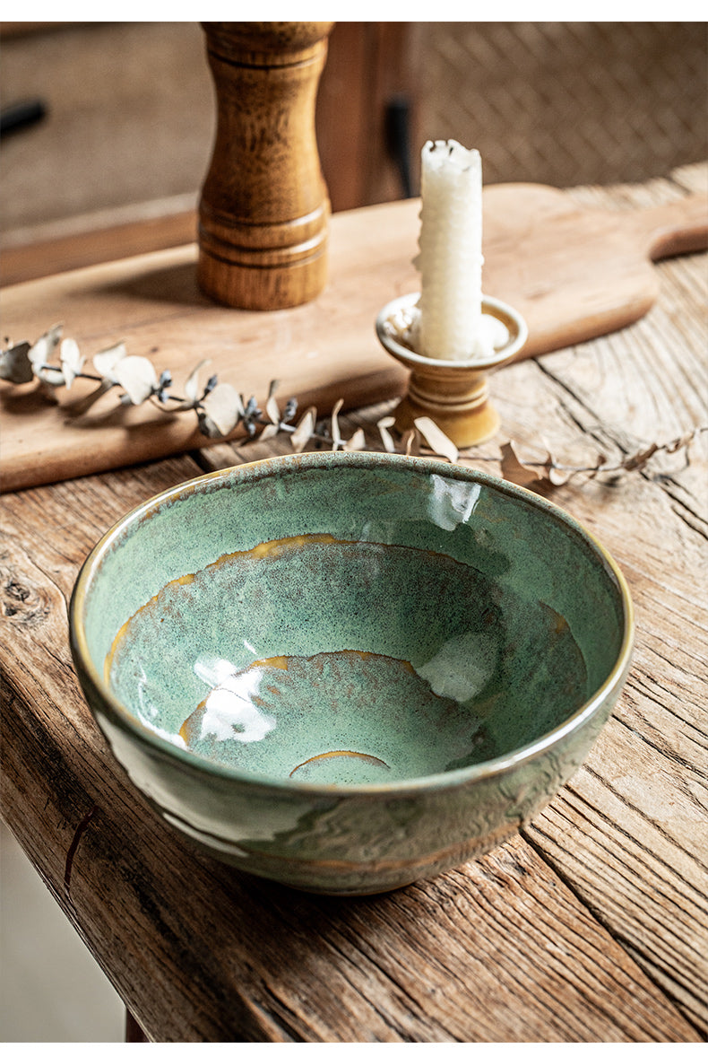 Ceramic Noodle & Rice Bowl Set - Green Glaze Kiln, 5.5 & 6.5 Inch