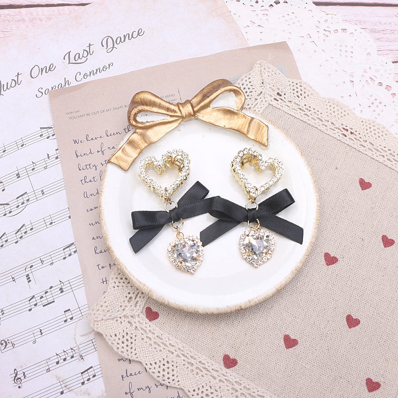 Rhinestone Heart Hair Bow Clip Pair