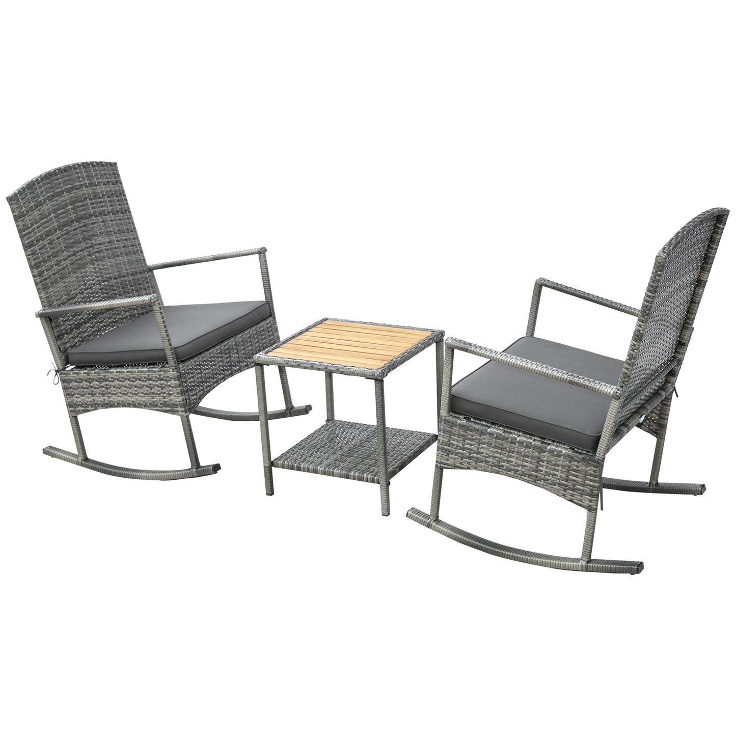 3-Piece Outdoor Rocking Chair Set with Cushions & Coffee Table - Gray