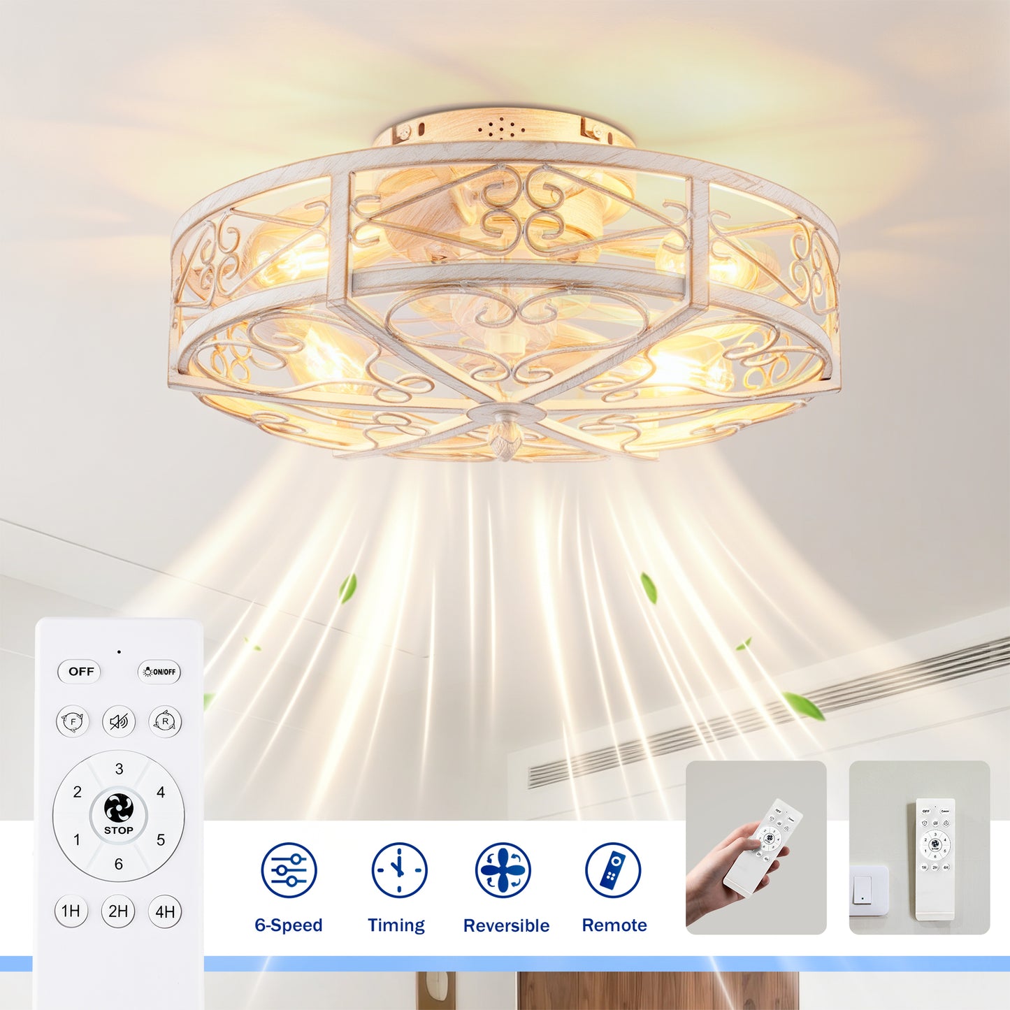 Caged Ceiling Fan with Lights and Remote Control - Reversible DC Motor, 6-Speed, Timing, Antique Bronze, Retro White