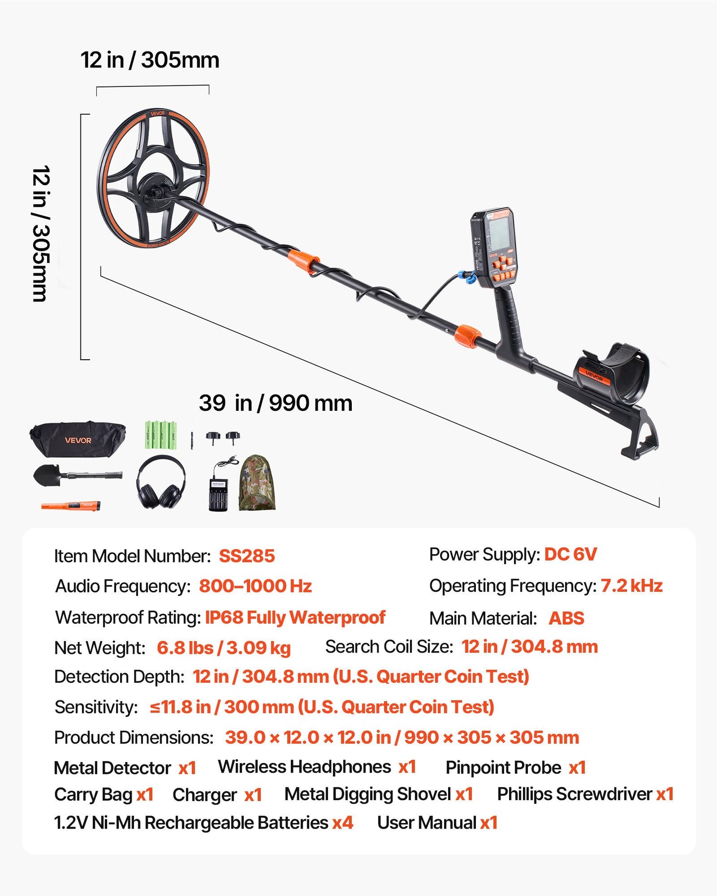 Waterproof Metal Detector with 12-Inch Search Coil, 7 Modes, Wireless Headphones, Adjustable Length for Gold Treasure Hunting
