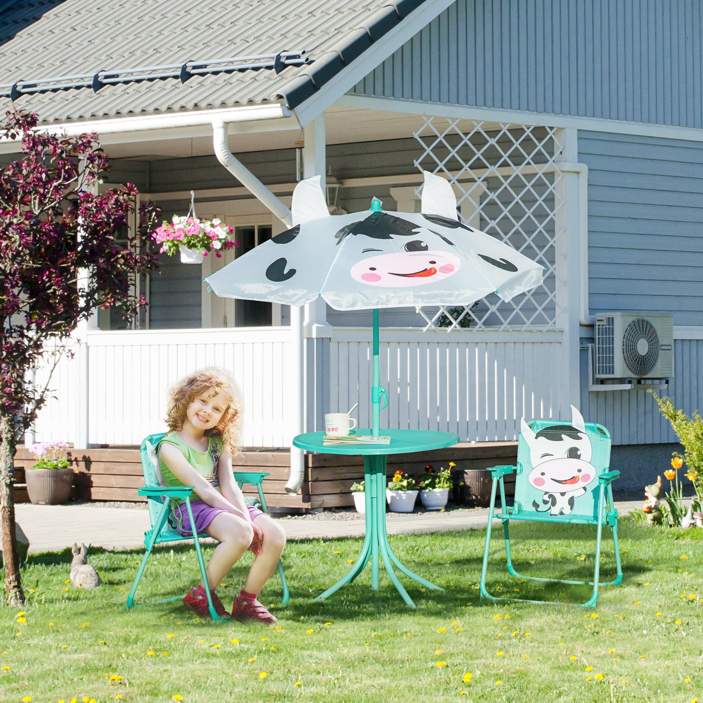 Kids Outdoor Table and Chair Set with Adjustable Umbrella - White