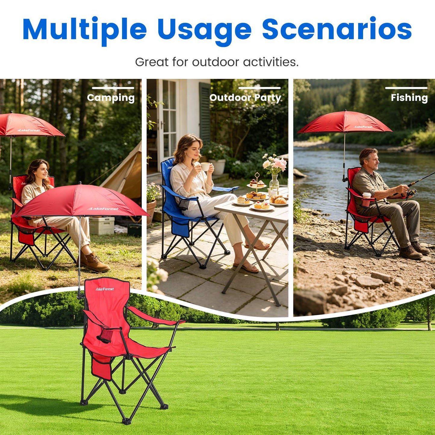 Foldable Camping Chair with Umbrella & Cup Holder - 330LBS