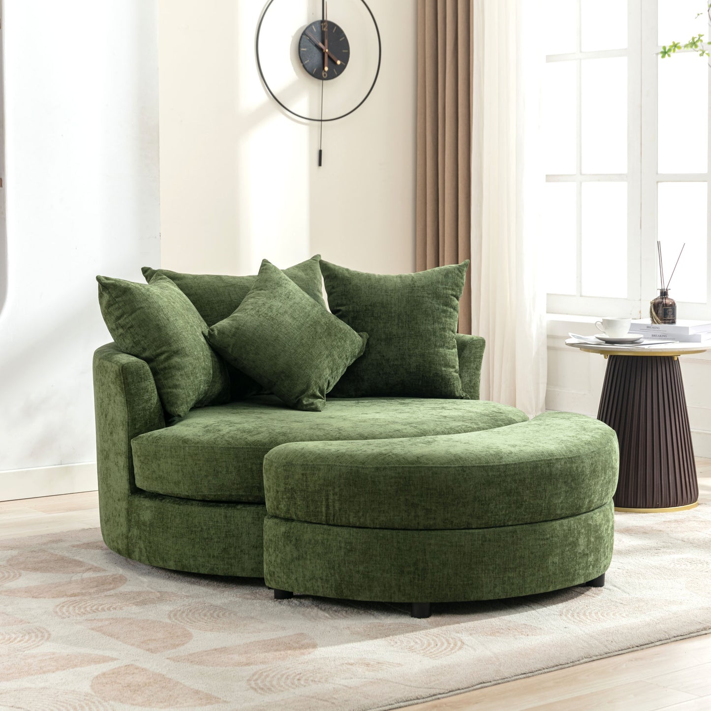 360° Swivel Accent Barrel Chair with Storage Ottoman & 4 Pillows - Green