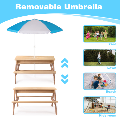 3-in-1 Kids Outdoor Wooden Picnic Table with Umbrella & Sand/Water Kettle