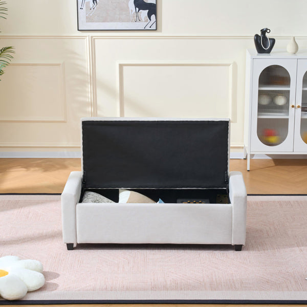 48" Upholstered Storage Bench - Faux Linen Ottoman for Bedroom
