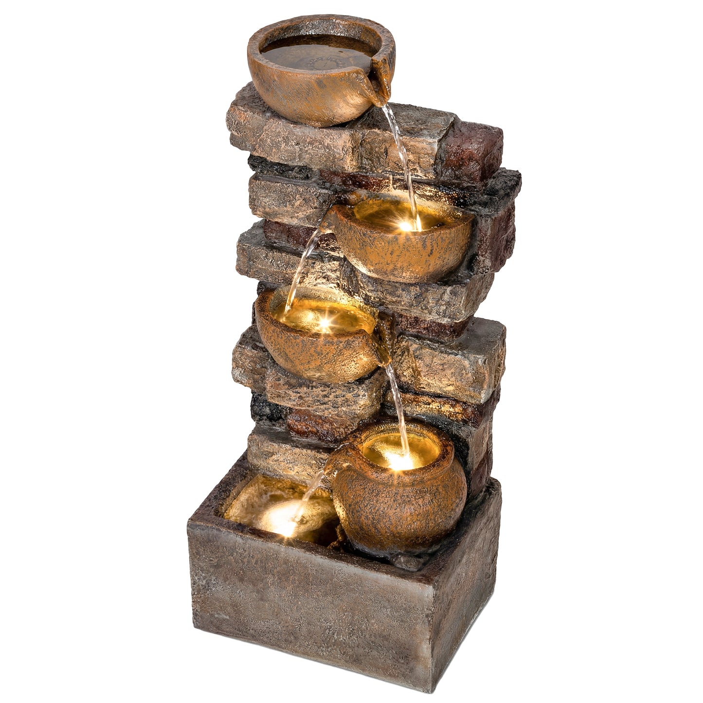 28-Inch Outdoor Fountain with 5-Tier Rustic Jugs, LED Lights, Adjustable Water Flow