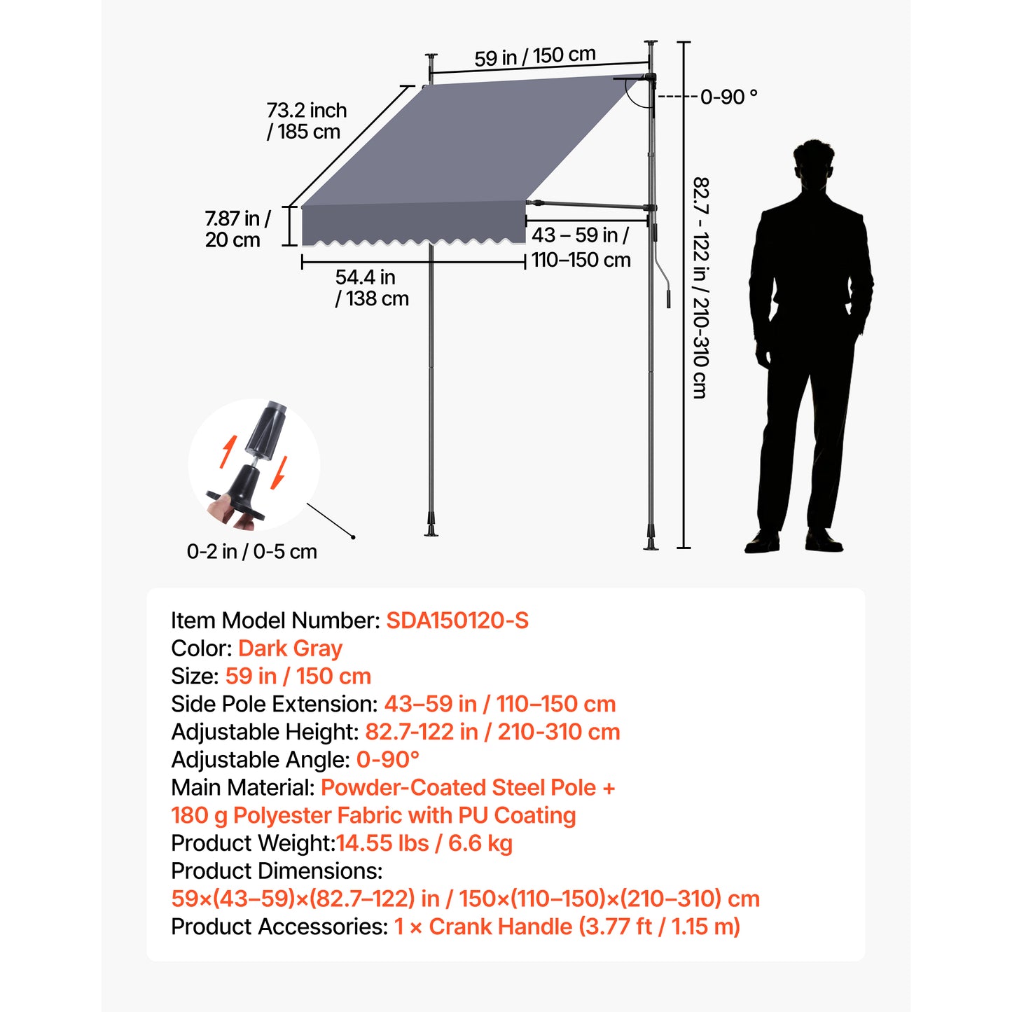 Manual Retractable Patio Awning 59" Sunshade Shelter with Crank Handle - Dark Gray Outdoor Canopy