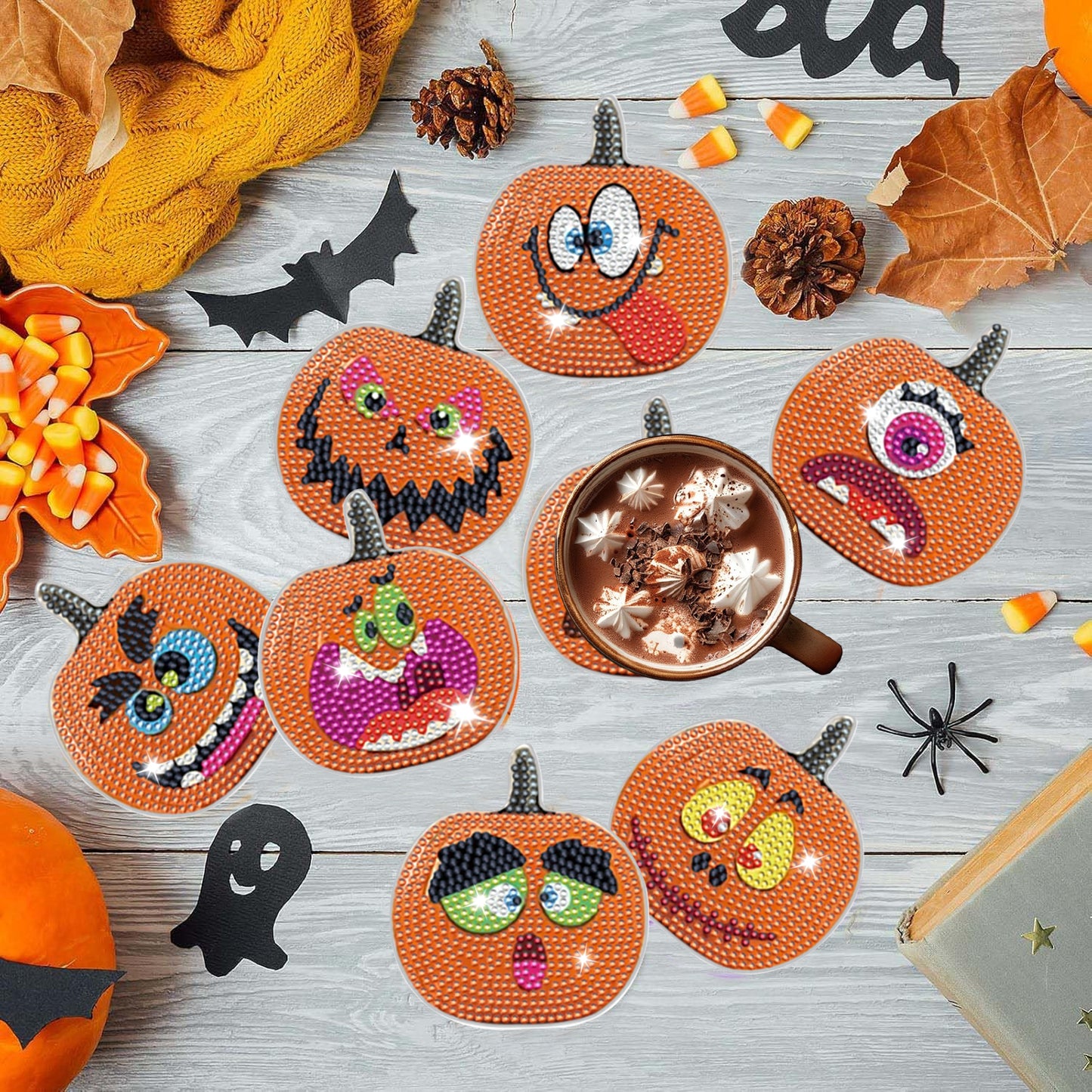 Halloween Pumpkin Rhinestone Coasters - 8 Pack
