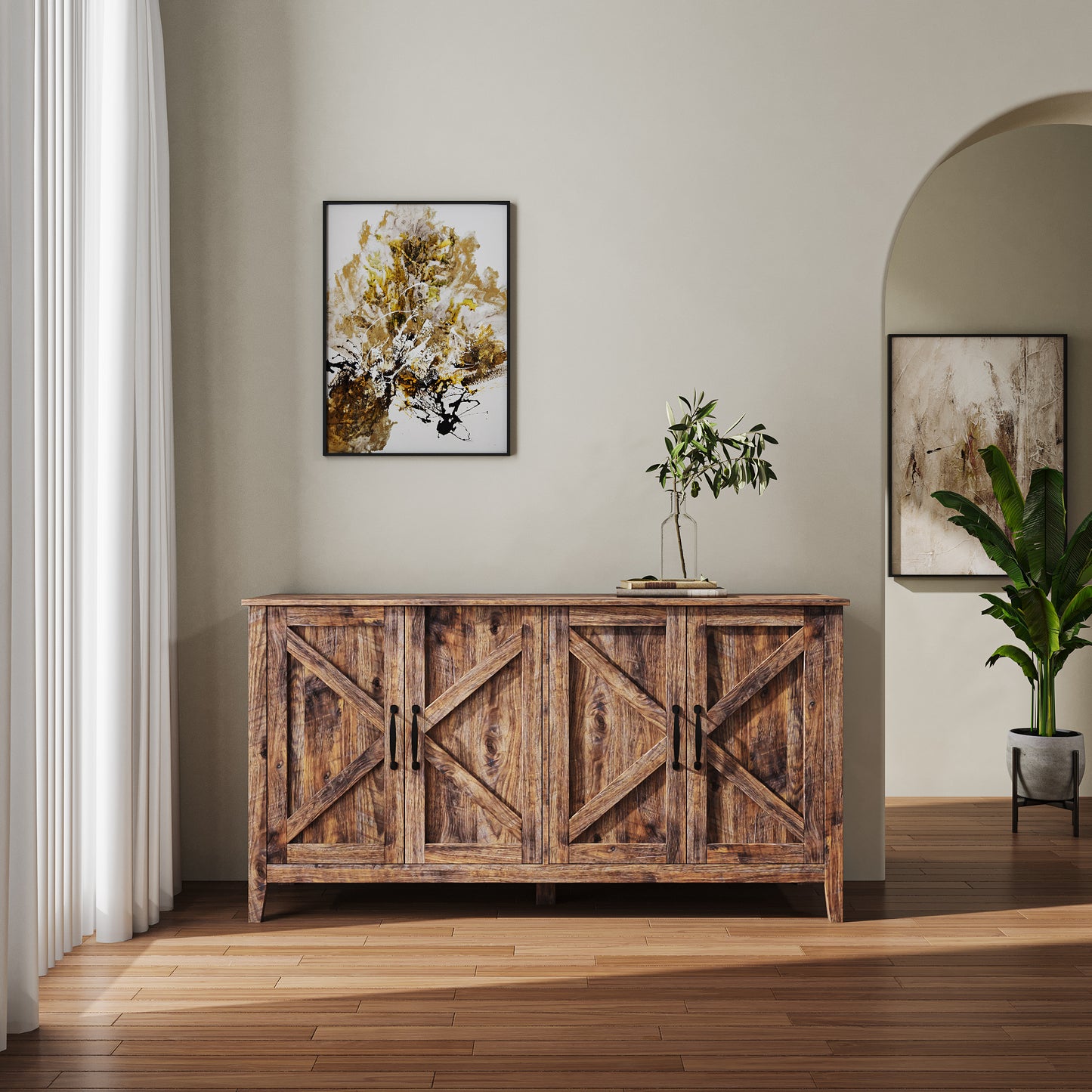 Espresso 4-Door Freestanding Storage Cabinet with Open Shelves