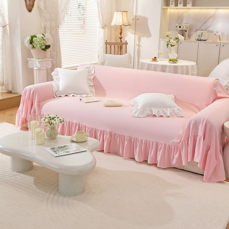 Linen-Colored Ruffled Edge Sofa Cover - Full-Cover Dust Protector