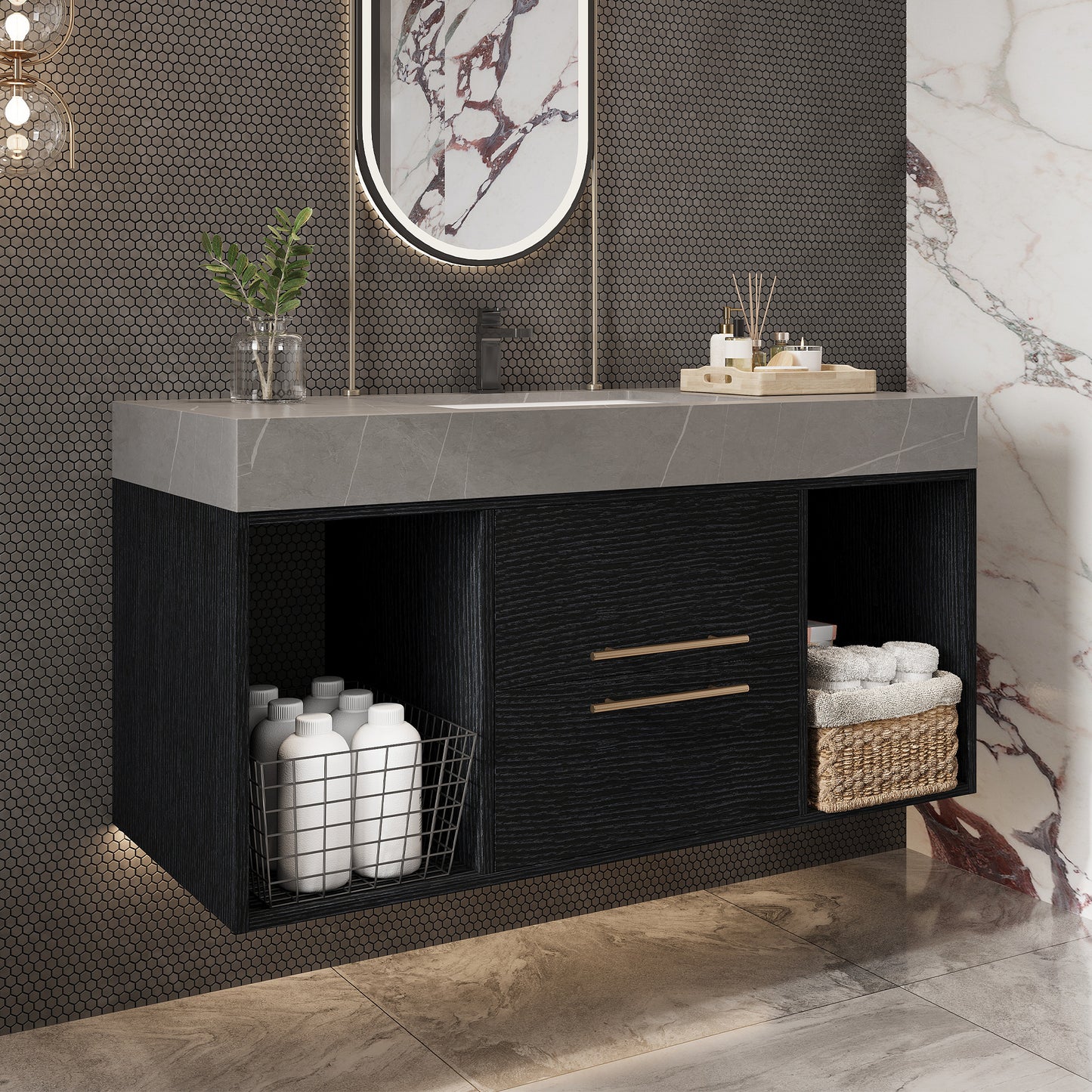 39.4-Inch Contemporary Floating Bathroom Vanity with Faux Marble Top and Ceramic Sink