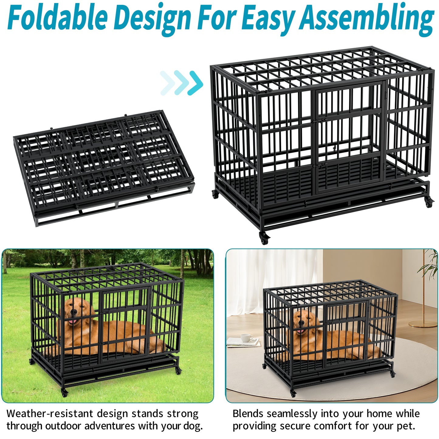 48 Inch Heavy Duty Dog Crate with Wheels - Metal Cage for Large & Medium Dogs