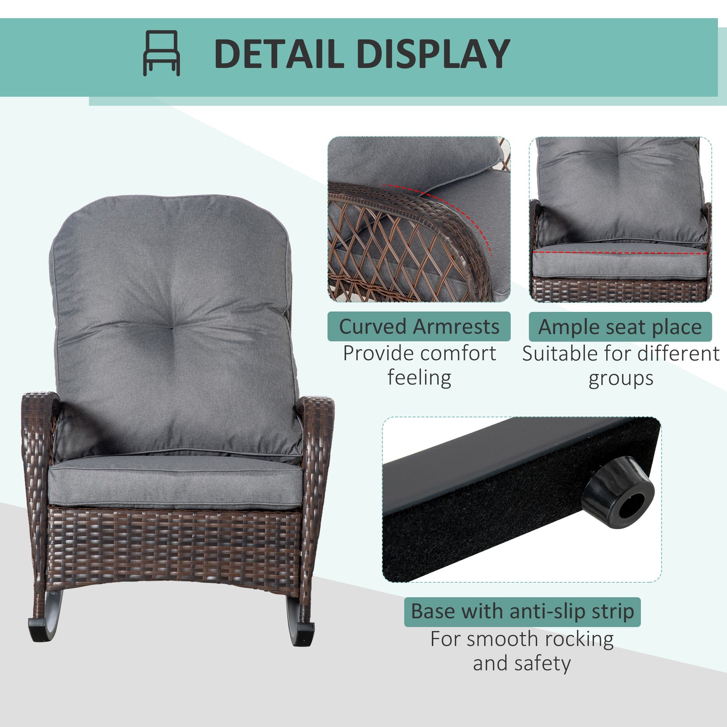 Rattan Porch Rocker with Plush Cushion - Light Gray