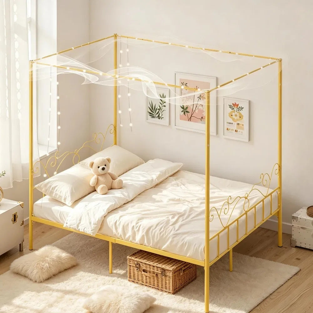 Sturdy Canopy Bed Frame with Storage Space - Queen Size