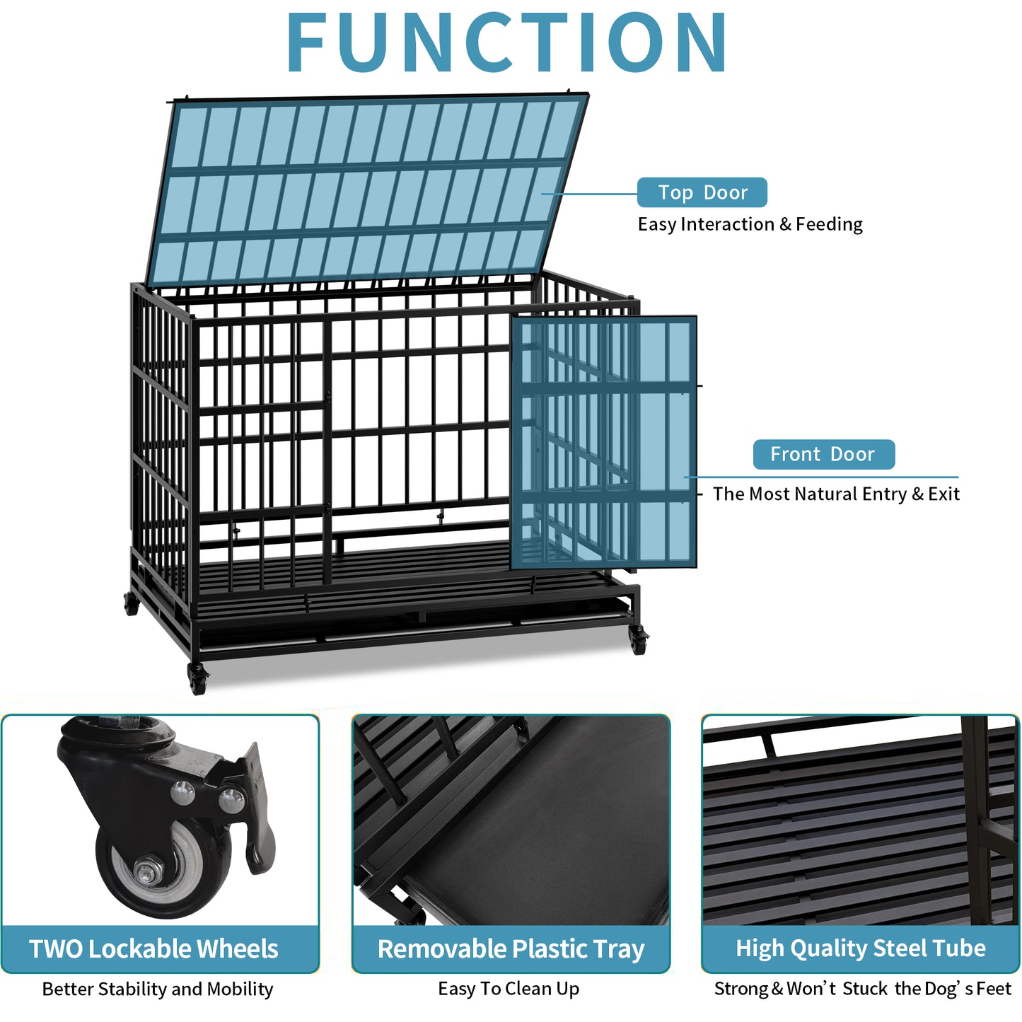 48 Inch Heavy Duty Dog Crate with Wheels - Metal Cage for Large & Medium Dogs