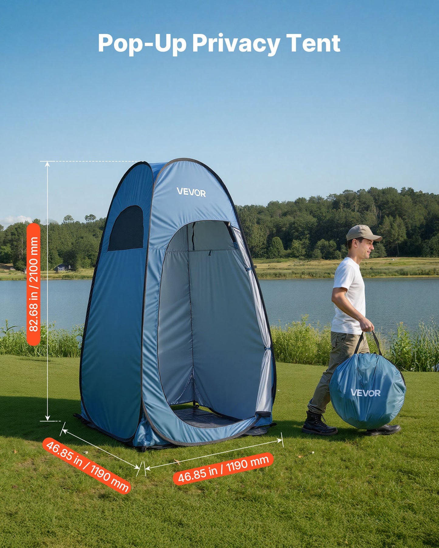 Portable Pop Up Shower Tent with Ground Stakes & Carry Bag - Waterproof Outdoor Privacy Enclosure, Blue
